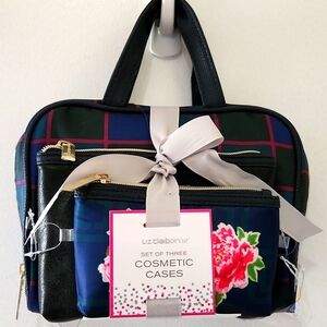 LIZ CLAIBORNE plaid navy 3 pc cosmetic pouch set NWOT